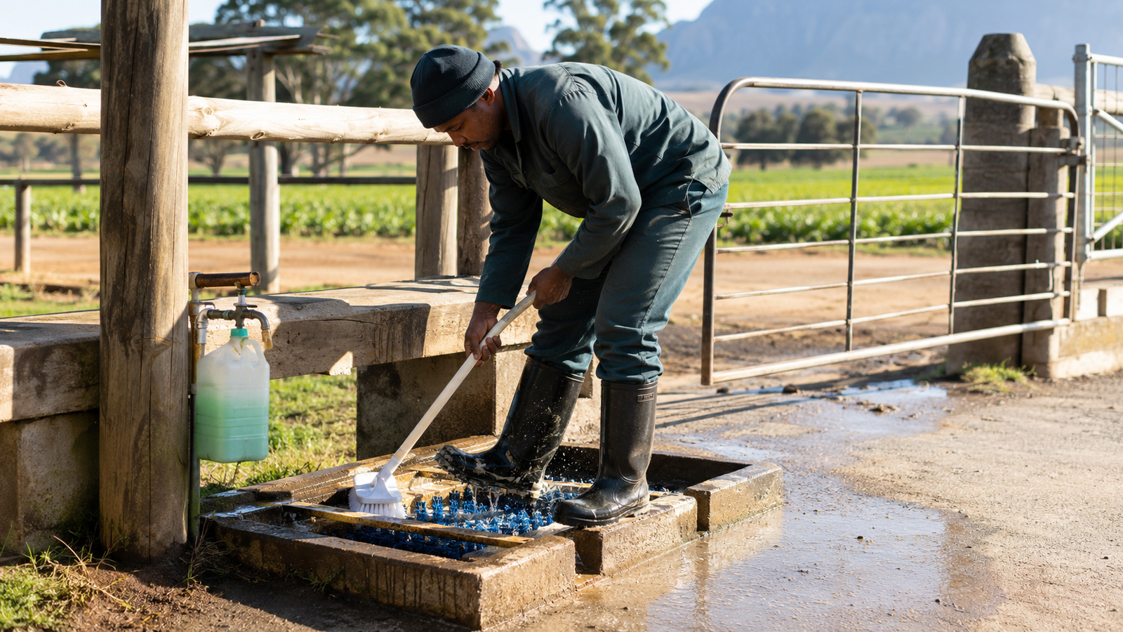 Agricultural worker cleaning a farm biosecurity boot station