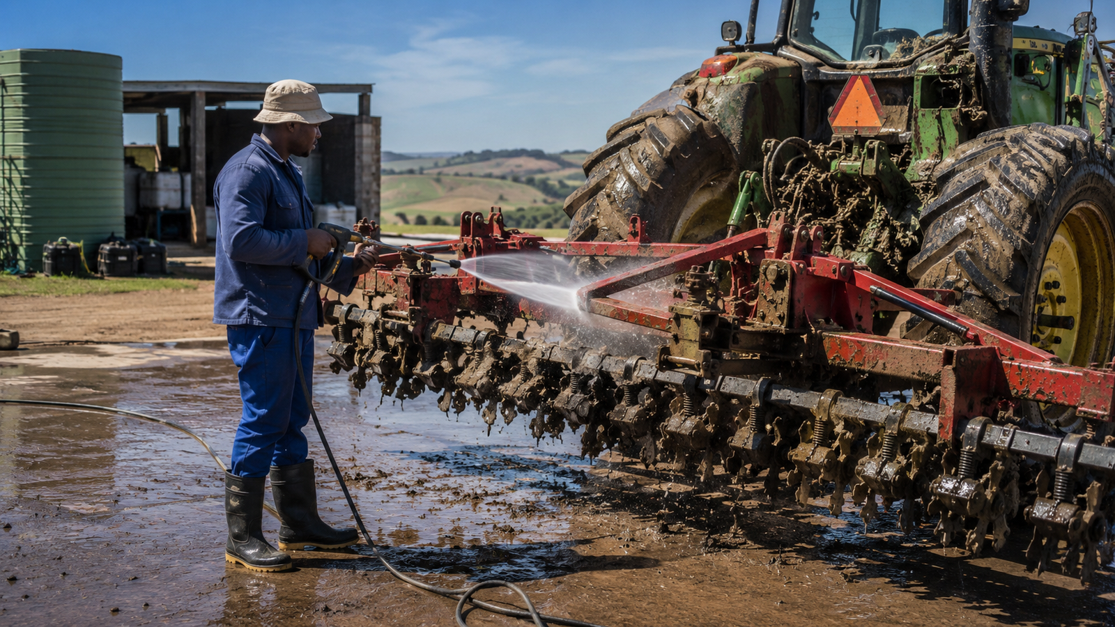 Farm machinery and agricultural implement being washed down